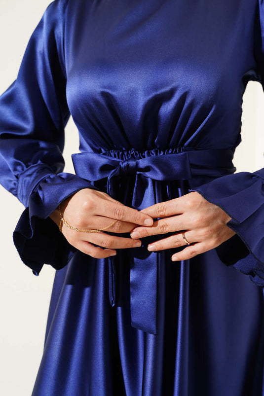 Robe Plissée à Manches Nouées à la Taille Bleu Marine