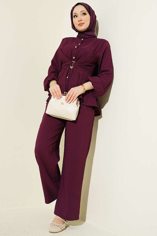 Ensemble double avec boucle et ceinture bordeaux