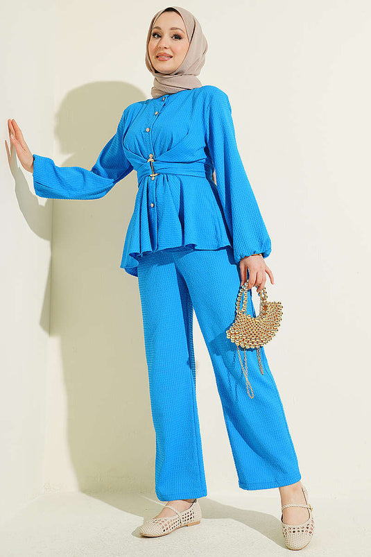 Ensemble double avec boucle et ceinture bleu saphir