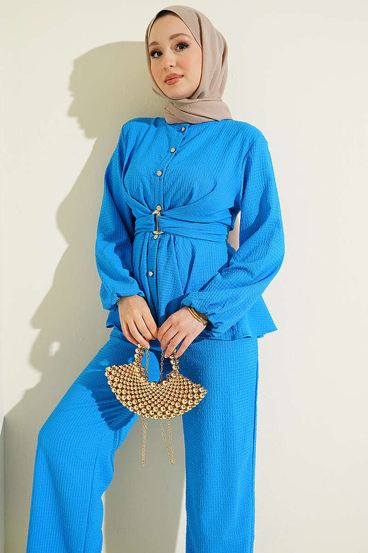 Ensemble double avec boucle et ceinture bleu saphir