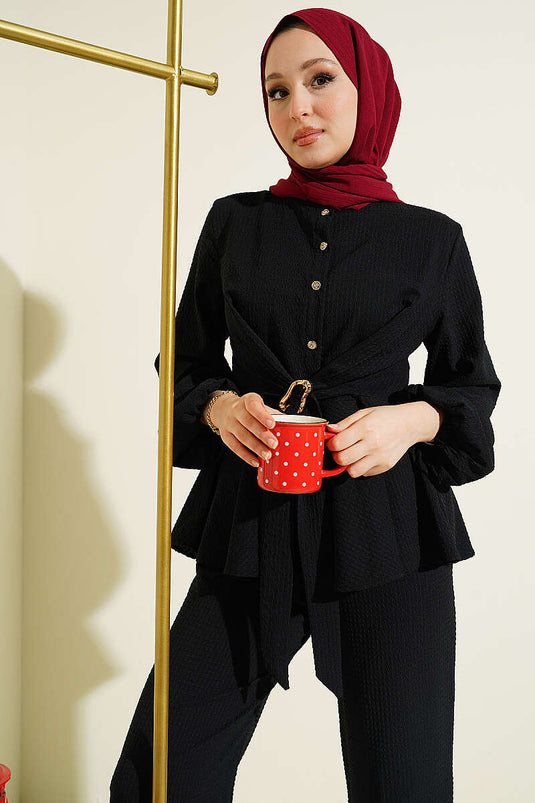 Ensemble double avec ceinture nouée et boucle, noir
