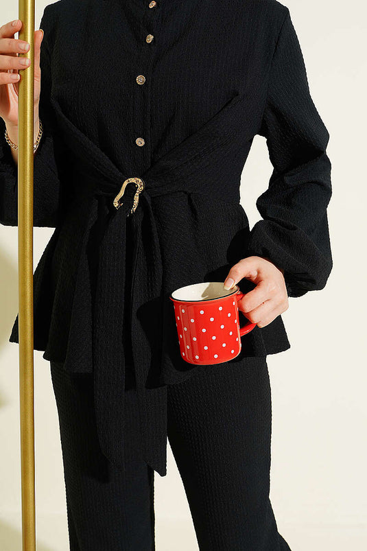 Ensemble double avec ceinture nouée et boucle, noir