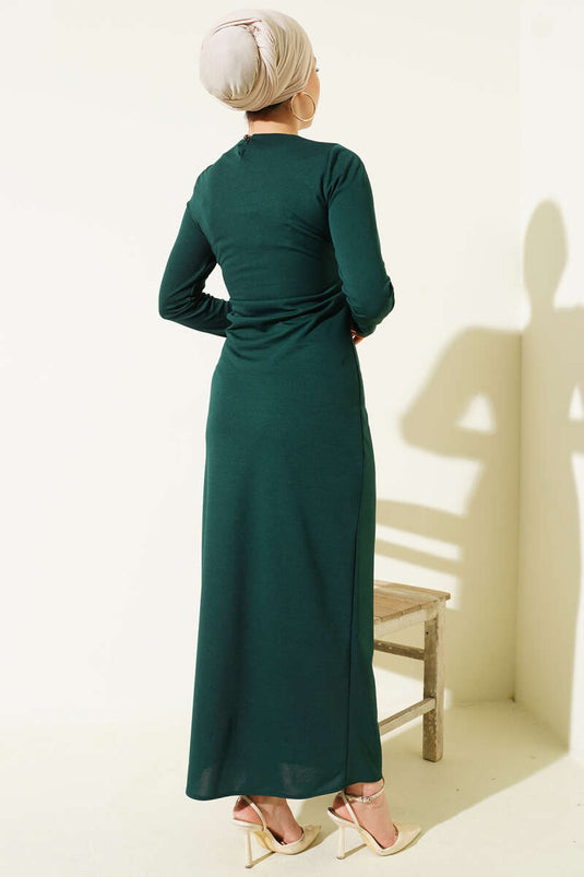 Bell Gathered Detail Evening Dress Emerald Green