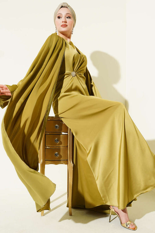 Bel Büzgü Detaylı Saten Abiye Elbise Yağ Yeşili