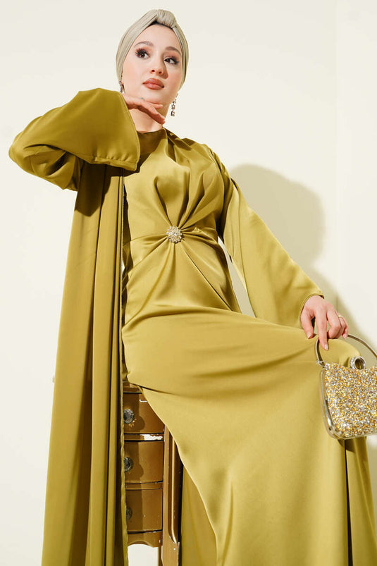 Bel Büzgü Detaylı Saten Abiye Elbise Yağ Yeşili