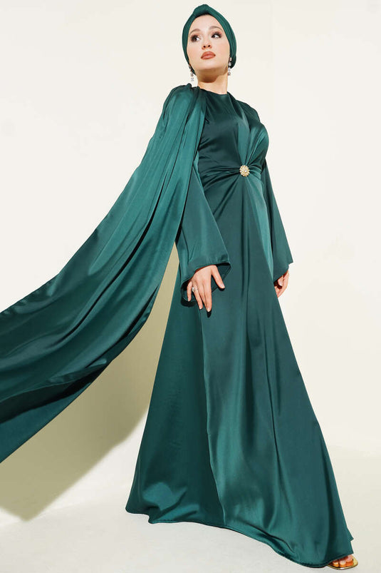 Bel Büzgü Detaylı Saten Abiye Elbise Zümrüt Yeşili