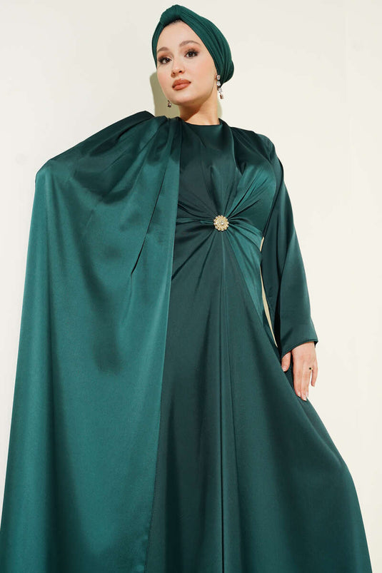 Bel Büzgü Detaylı Saten Abiye Elbise Zümrüt Yeşili