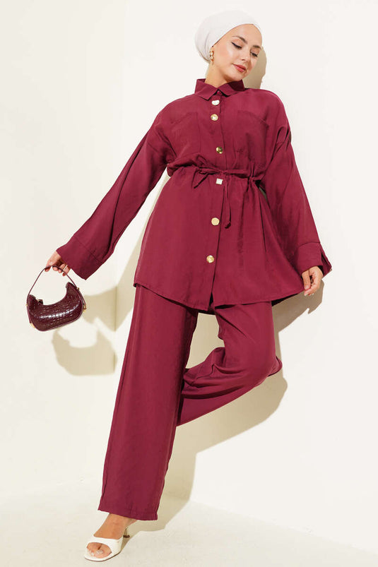 Taille Trekkoord Zak Tweedelig Pak Bordeauxrood