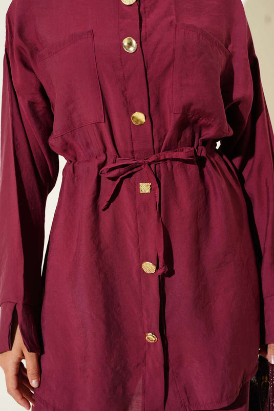 Taille Trekkoord Zak Tweedelig Pak Bordeauxrood