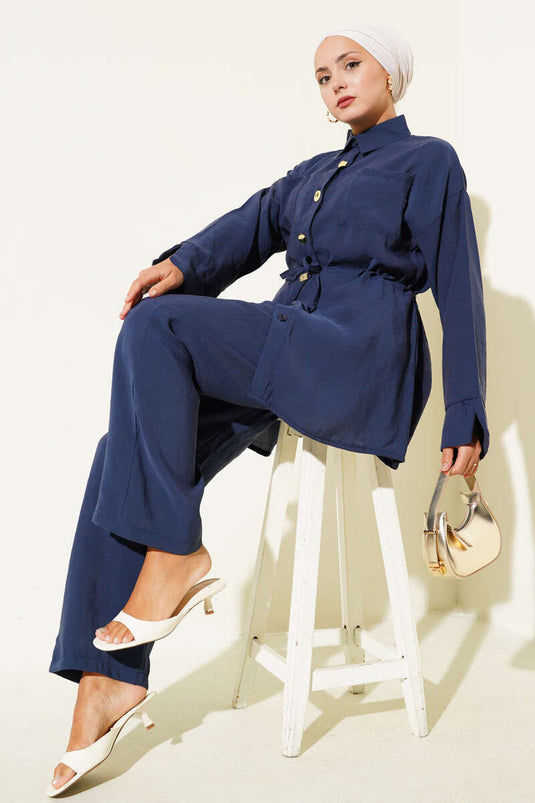 Taille Trekkoord Zak Tweedelig Pak Marineblauw