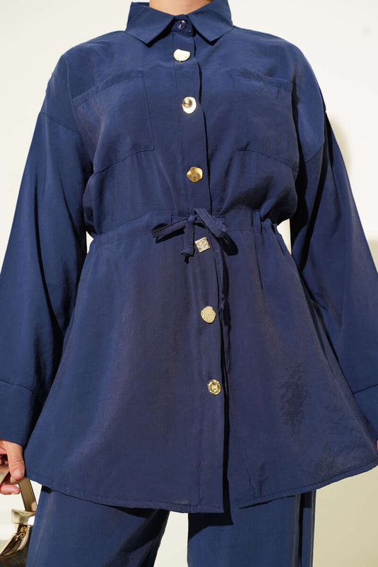 Taille Trekkoord Zak Tweedelig Pak Marineblauw