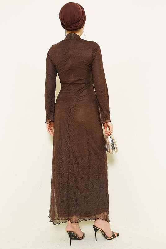 Robe de soirée en tulle dentelle avec fronces Bel, couleur café