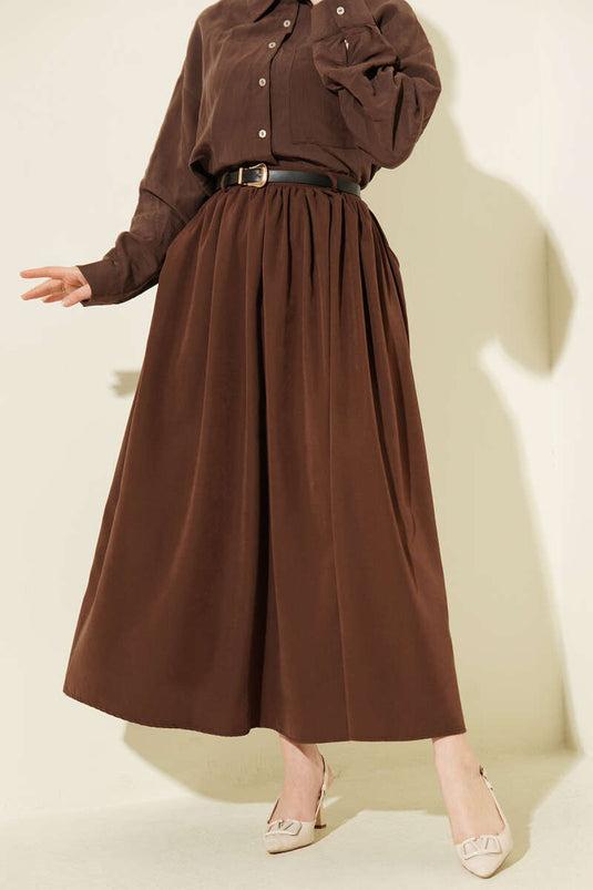 Jupe marron avec ceinture, poches et fronces Bel