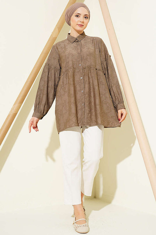 Chemise à motifs ton sur ton avec fronces Bel, couleur vison