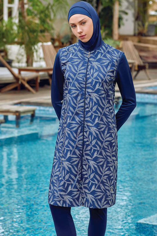 Maillot de bain hijab à motifs de points froncés à la taille, bleu marine foncé