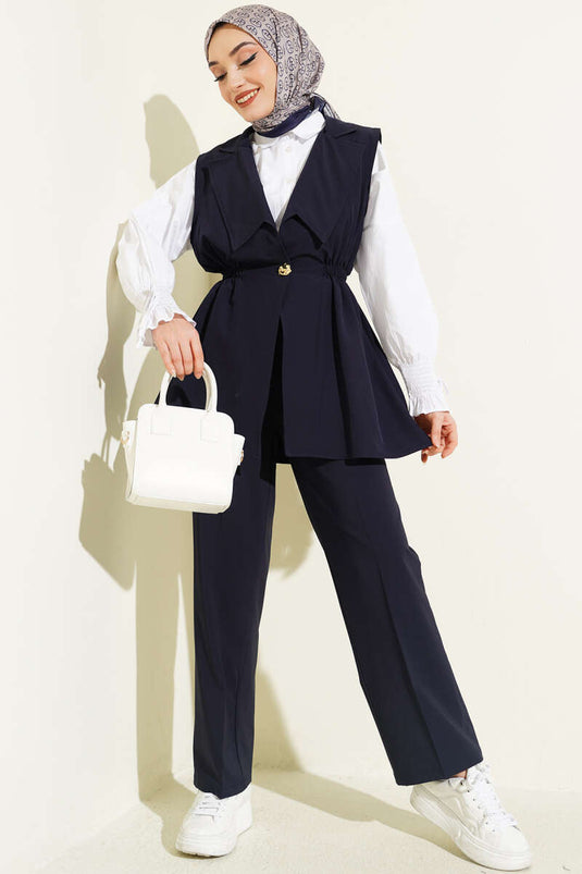 Two-Piece Set with Belted Vest Navy Blue