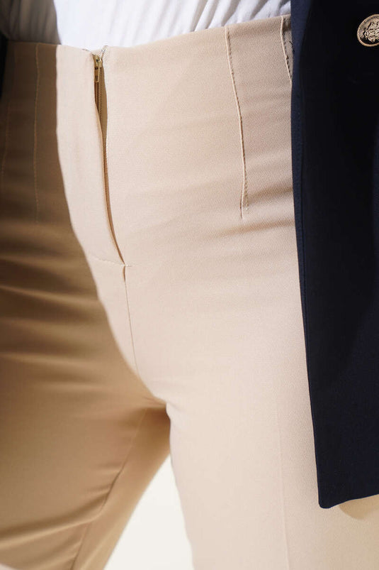 Bel Çımalı Dar Paça Kumaş Pantolon Bej