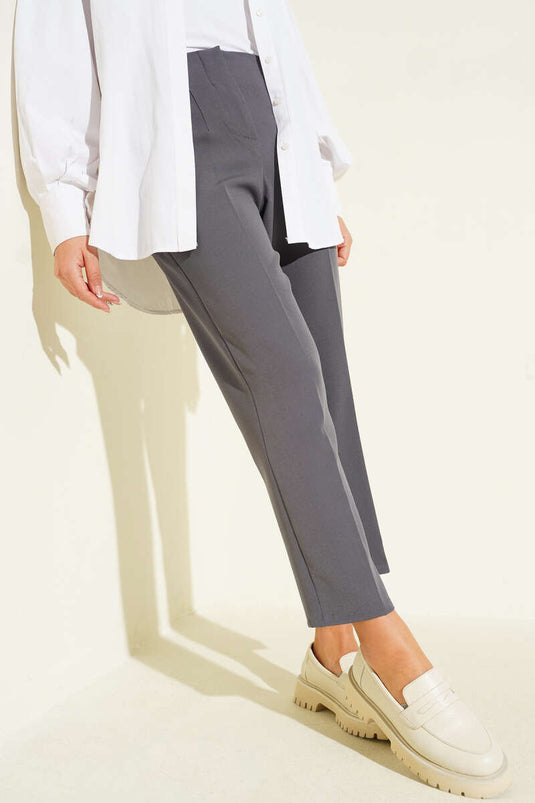 Waistband Trimmed Slim-Fit Fabric Trousers, Smoke Grey