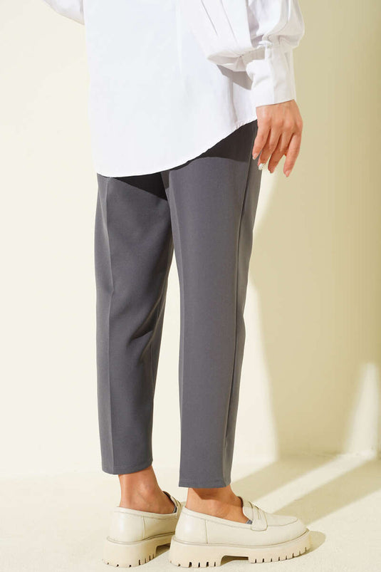 Waistband Trimmed Slim-Fit Fabric Trousers, Smoke Grey