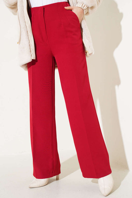 Pantalón ancho con cintura agrietada Rojo