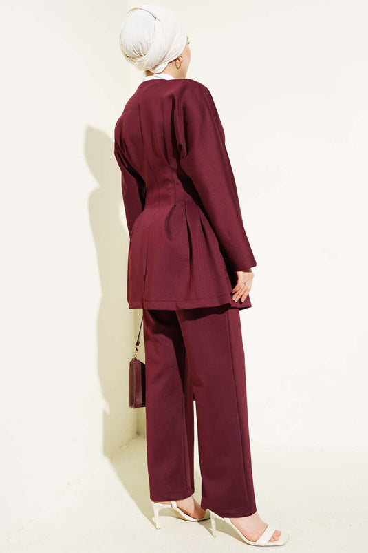 Waist Seamed Tied Scuba Two Piece Suit Claret Red