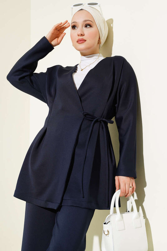 Waist Seamed Tied Scuba Two Piece Suit Navy Blue