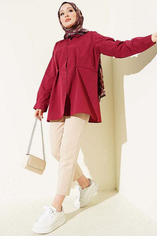 Basic Shirt with Waist Buttons Burgundy
