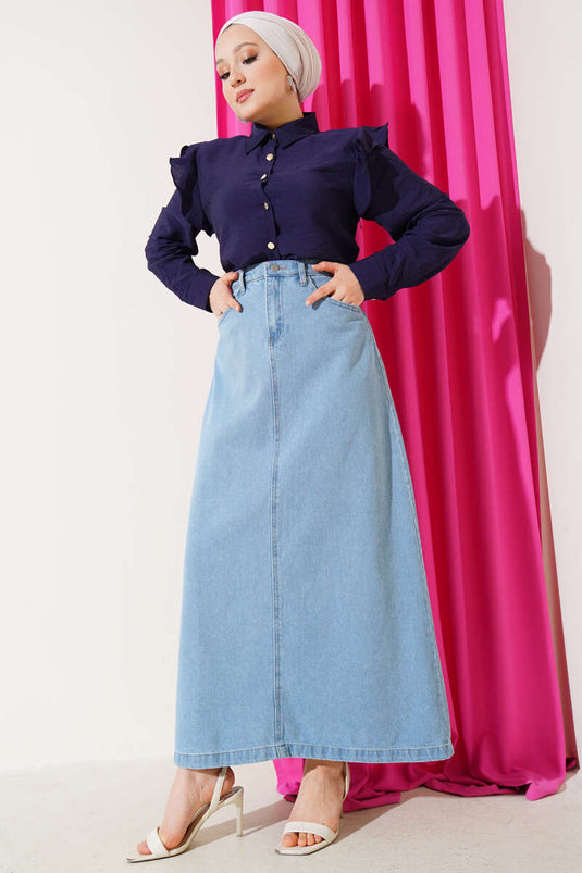 Denim Skirt with Buttoned Waist and Pockets, Light Blue