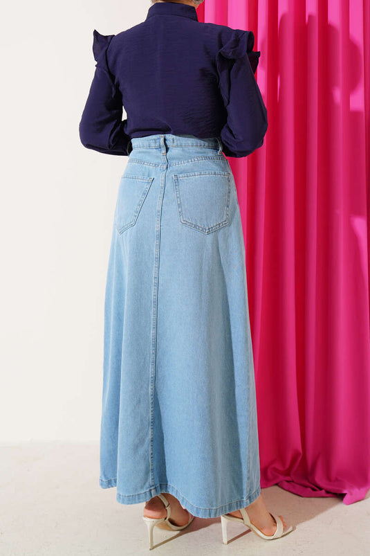 Denim Skirt with Buttoned Waist and Pockets, Light Blue