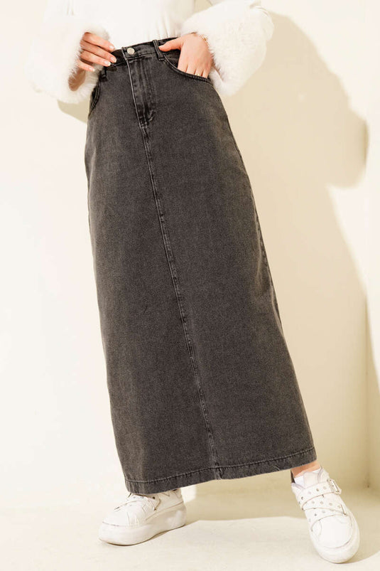 Jupe en jean à poches avec boutons apparents, couleur fumée