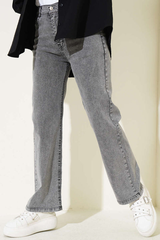 Pantalon en jean à jambes larges avec boutons décoratifs, couleur fumée
