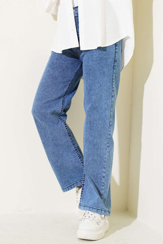 Buttoned Wide Leg Denim Pants Denim Blue