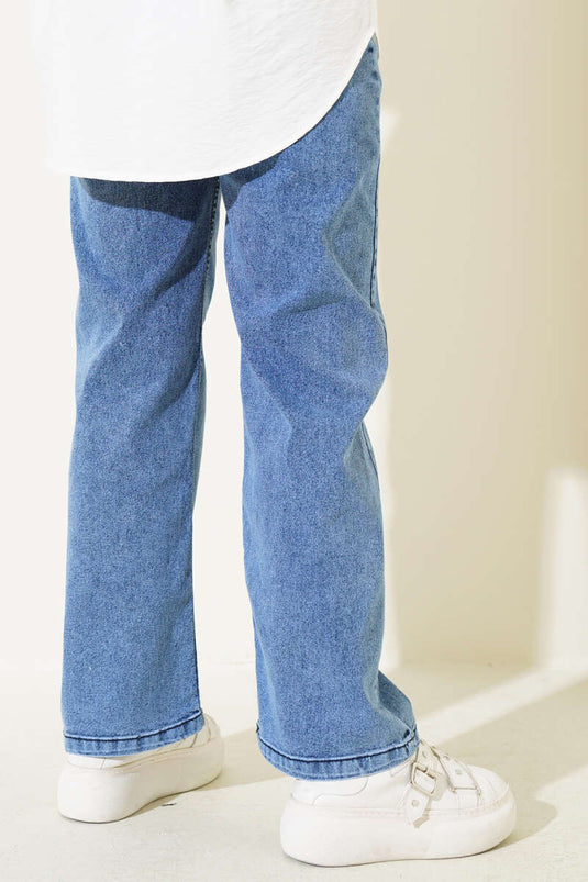 Buttoned Wide Leg Denim Pants Denim Blue