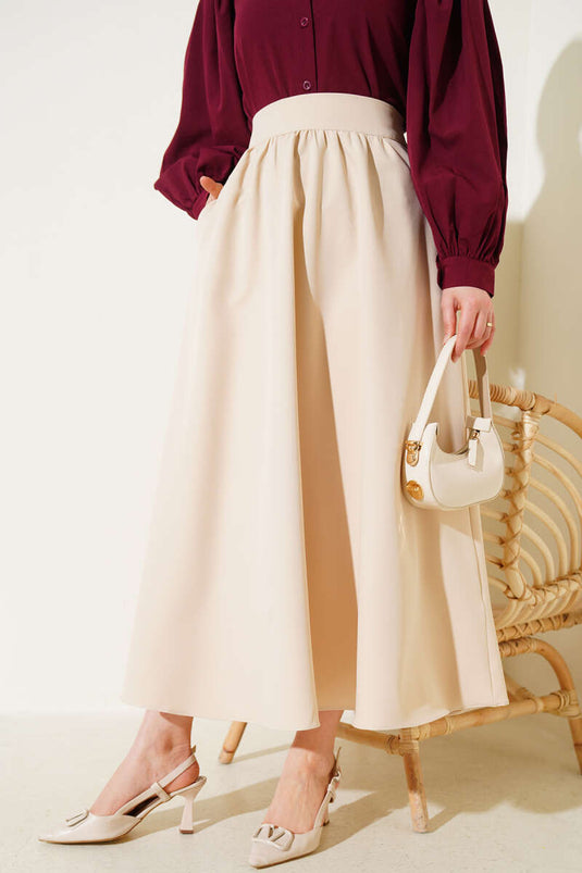 Waist Zippered Pocket Flared Skirt Beige