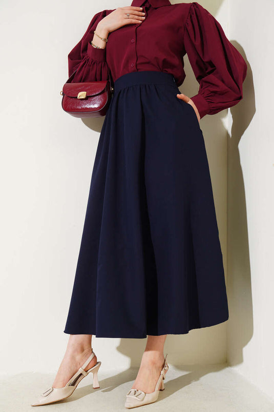 Waist Zippered Pocket Flared Skirt Navy Blue