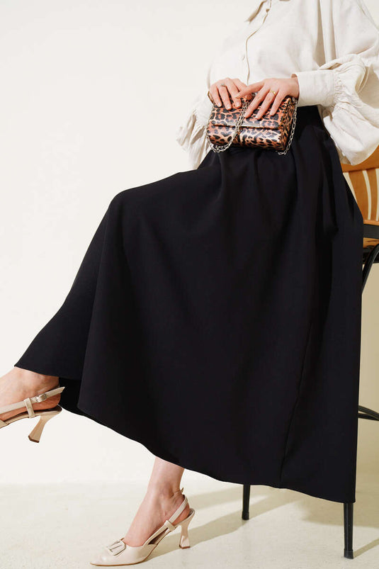 Waist Zippered Pocket Flared Skirt Black