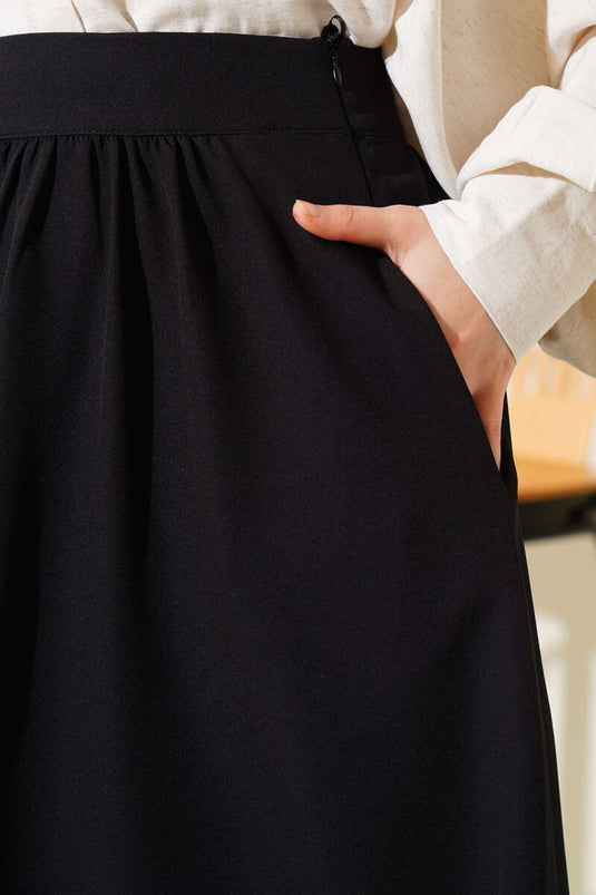 Waist Zippered Pocket Flared Skirt Black