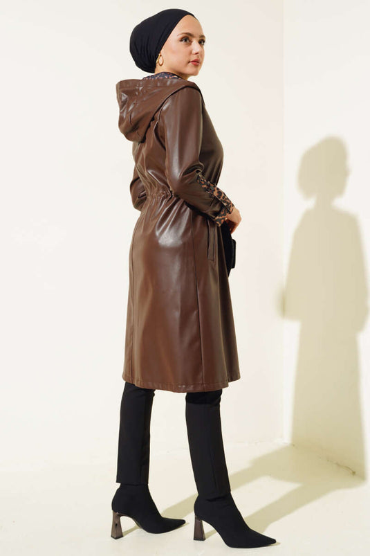 Brown Zippered Hooded Leather Trench Coat