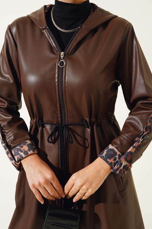 Brown Zippered Hooded Leather Trench Coat