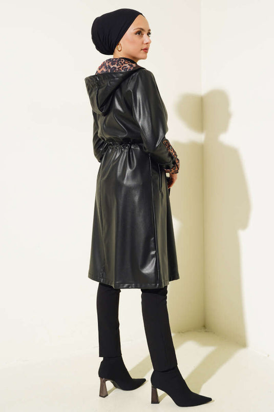 Bel Zippered Hooded Leather Trench Coat Black