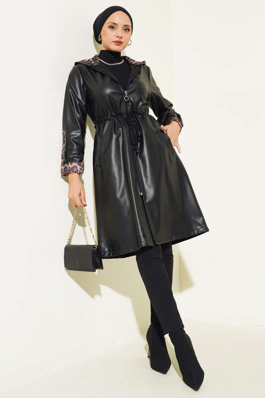 Bel Zippered Hooded Leather Trench Coat Black