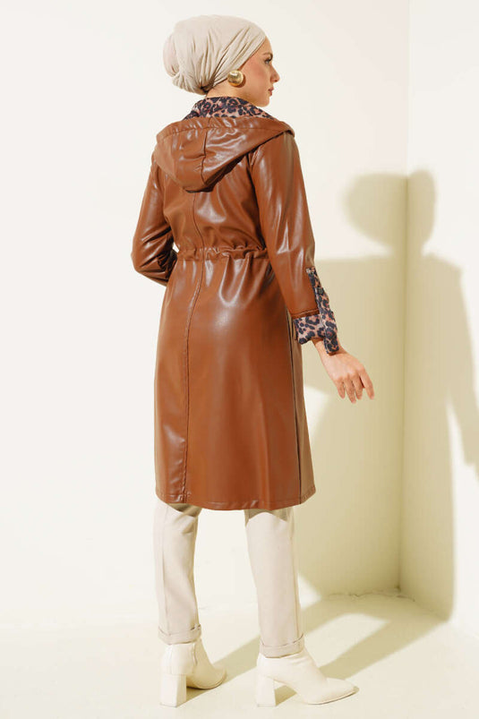 Belted Zippered Hooded Leather Trench Coat Tan