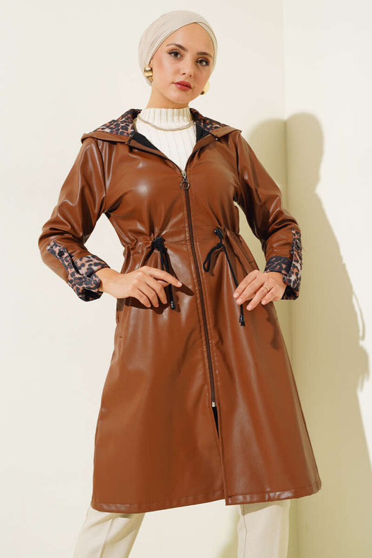 Taille rits capuchon leren trenchcoat bruin