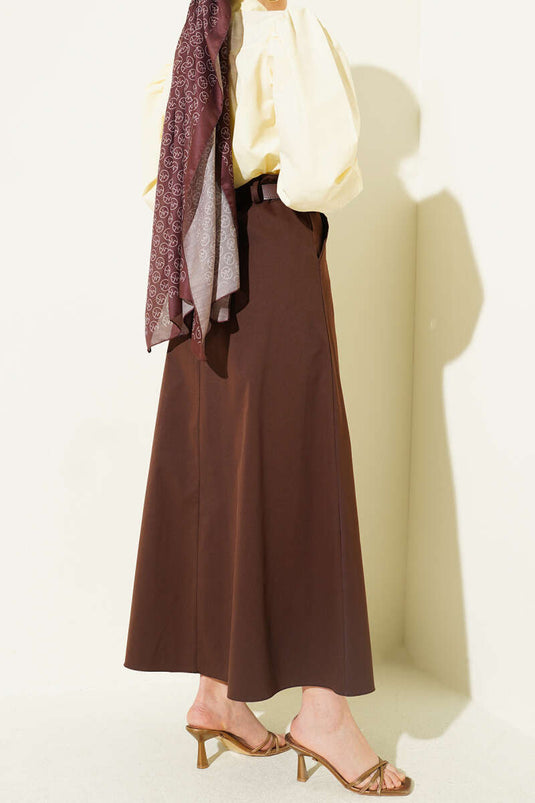 Skirt with Side Zipper, Belt, and Stitching Detail, Brown