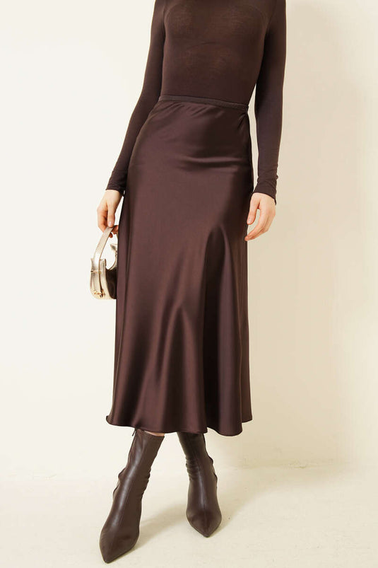 Midi Skirt with Beautiful Zipper in Brown Satin
