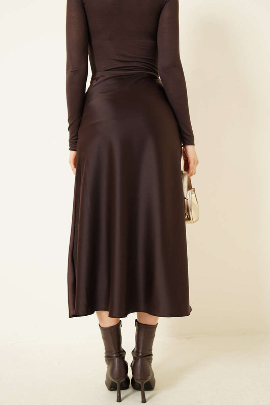 Midi Skirt with Beautiful Zipper in Brown Satin