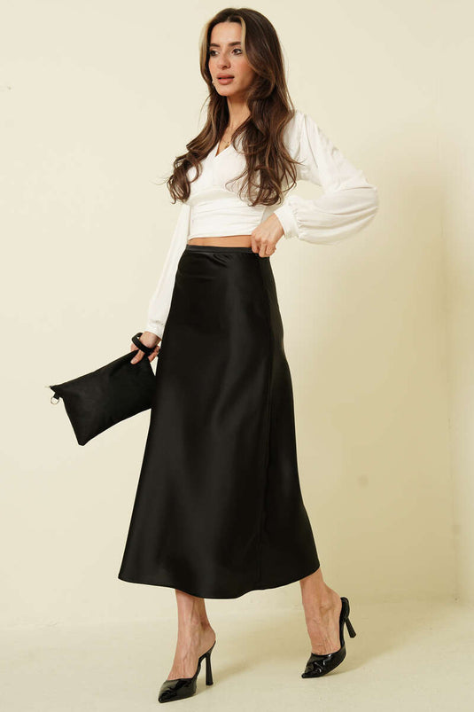 Black Satin Midi Skirt with Side Zipper
