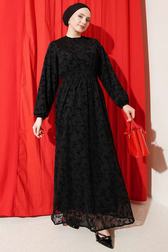 Robe noire en tulle à fleurs avec empiècement en dentelle Bel Gipeli