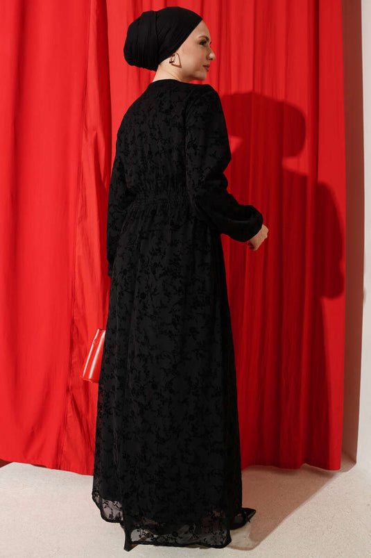Robe noire en tulle à fleurs avec empiècement en dentelle Bel Gipeli