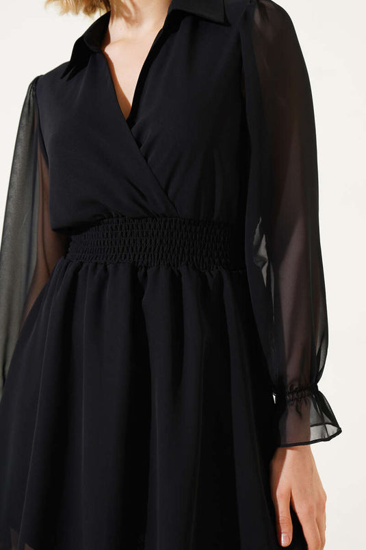 فستان قصير من التول مع ياقة قميص وخصر جيبل باللون الأسود